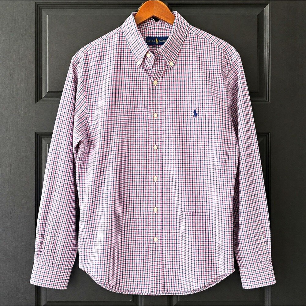 Ralph Lauren Men's M Slim Fit Pink/Blue/White Check Cotton Dress Shirt LS